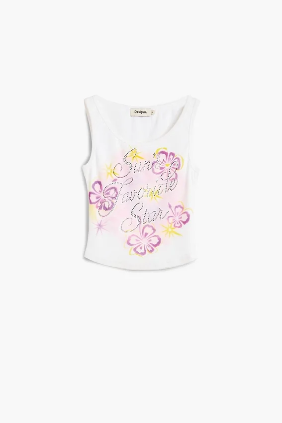 Bedrucktes T-Shirt mit Spaghettiträgern Bedrucktes T-Shirt mit Spaghettiträgern