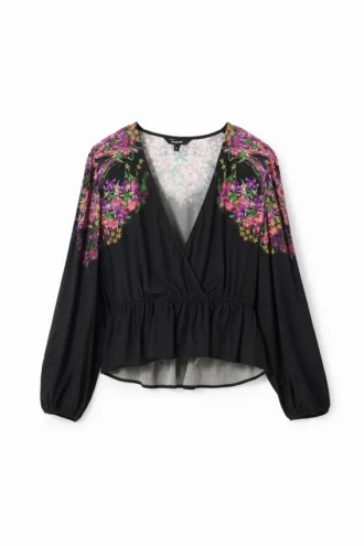 Digital bedruckte Wickelbluse mit Blumenmuster
