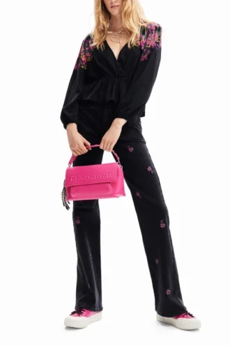 Digital bedruckte Wickelbluse mit Blumenmuster