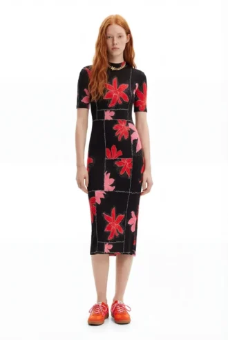 Geripptes Midi-Kleid mit Blumenmuster