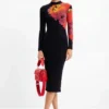 Geripptes Midi-Kleid mit Blumenmuster
