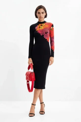 Geripptes Midi-Kleid mit Blumenmuster