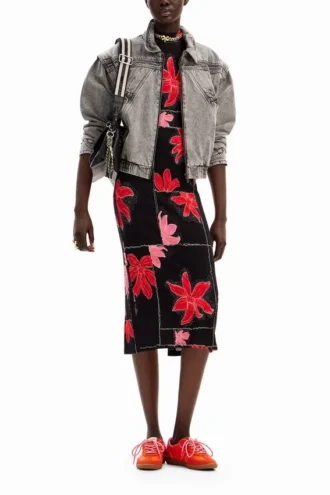 Geripptes Midi-Kleid mit Blumenmuster