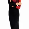 Geripptes Midi-Kleid mit Blumenmuster