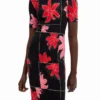 Geripptes Midi-Kleid mit Blumenmuster