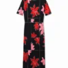 Geripptes Midi-Kleid mit Blumenmuster