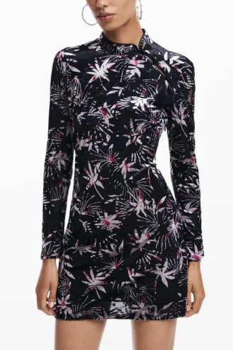 Kimono-Kragen-Kleid mit Blattmuster