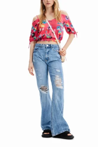 Kurze, geraffte Bluse mit Blumenmuster