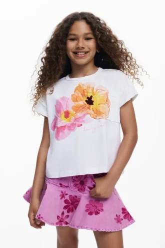 Kurzärmeliges T-Shirt mit gestickten Blumen