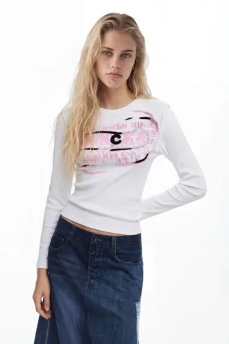 Langarm-T-Shirt mit rosa Buchstaben