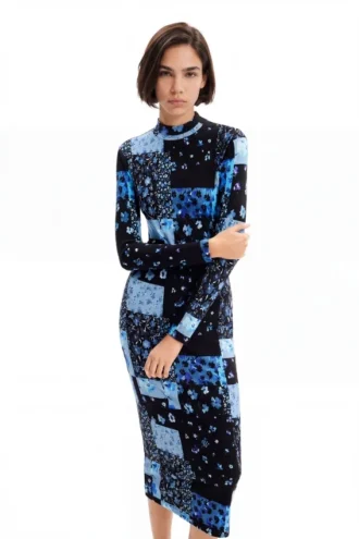 Midi-Kleid mit Blumenmuster und Rippmuster