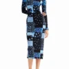 Midi-Kleid mit Blumenmuster und Rippmuster Midi-Kleid mit Blumenmuster und Rippmuster