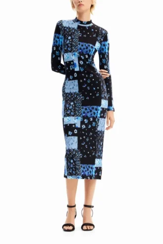 Midi-Kleid mit Blumenmuster und Rippmuster