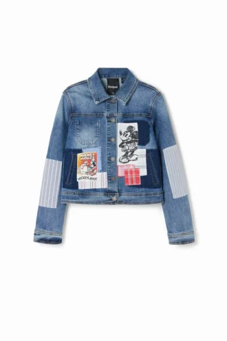 Patchwork-Jeansjacke mit Mickey-Mouse-Motiven