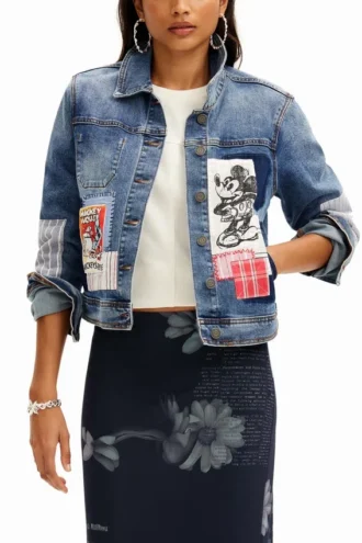 Patchwork-Jeansjacke mit Mickey-Mouse-Motiven