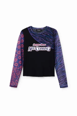 Patchwork-Tüll-T-Shirt mit Aufdruck
