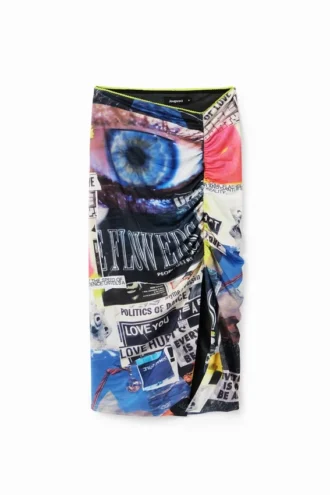 Schmaler, geraffter Midi-Rock mit Collagen-Print