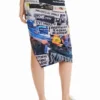 Schmaler, geraffter Midi-Rock mit Collagen-Print