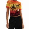 Strick-T-Shirt mit Palmenmotiv