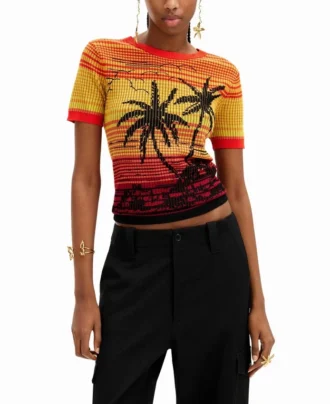 Strick-T-Shirt mit Palmenmotiv Strick-T-Shirt mit Palmenmotiv