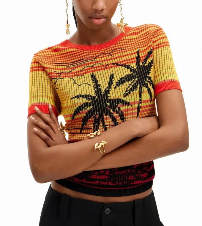 Strick-T-Shirt mit Palmenmotiv