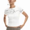 T-Shirt mit Rippbündchen und Schriftzug