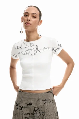 T-Shirt mit Rippbündchen und Schriftzug